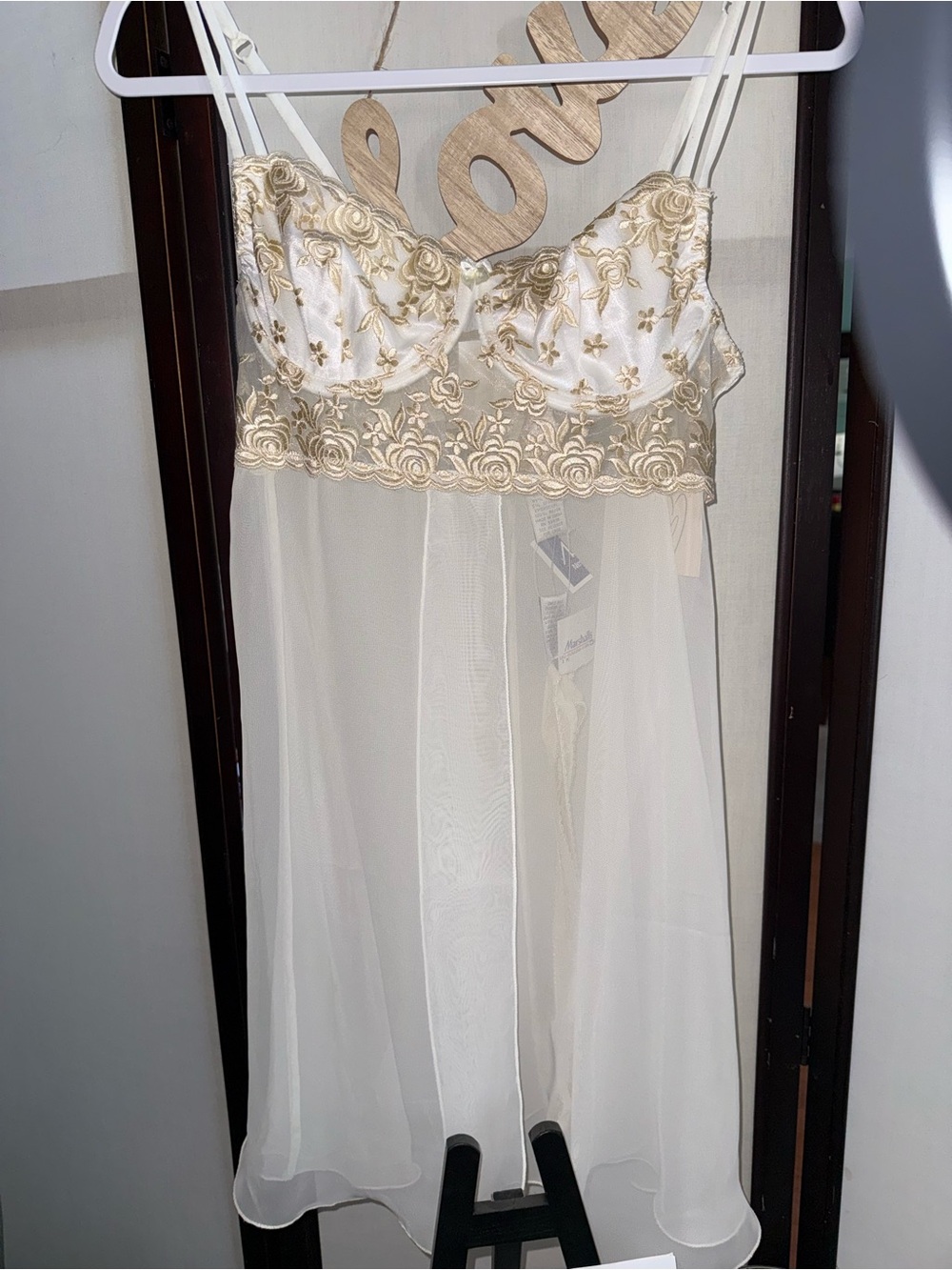 Elegant 2pc Sheer Ivory and Gold Embroidered Chiffon Lingerie